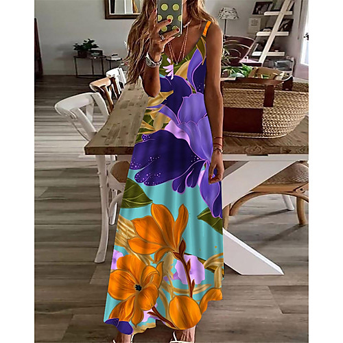 

Women's A Line Dress Maxi long Dress Purple Sleeveless Floral Color Block Print Spring Summer V Neck Casual Holiday 2021 S M L XL XXL 3XL