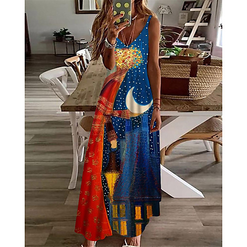 

Women's A Line Dress Maxi long Dress Blue Sleeveless Print Color Block Print Spring Summer V Neck Casual Holiday 2021 S M L XL XXL 3XL