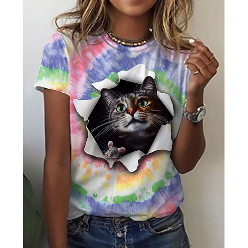 

Women's 3D Cat Painting T shirt Cat Tie Dye 3D Print Round Neck Basic Tops Blue