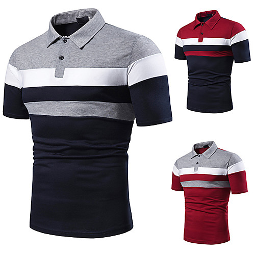 

Men's Golf Shirt Tennis Shirt Striped Button-Down Short Sleeve Street Tops Cotton Business Casual Comfortable Light gray Red Navy Blue