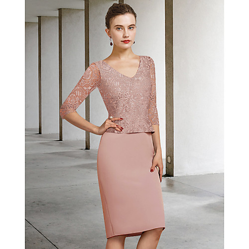 

Sheath / Column Mother of the Bride Dress Elegant Jewel Neck Knee Length Lace Stretch Fabric Half Sleeve with Appliques 2021