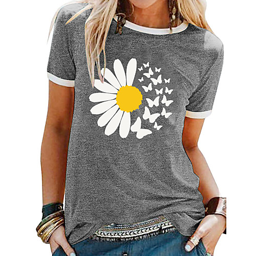 

Women's T shirt Graphic Butterfly Daisy Patchwork Print Round Neck Basic Tops Blue Purple Green