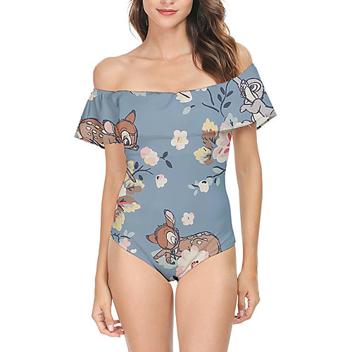 

Women's One Piece Monokini Swimsuit Ruffle Print Abstract Stripe Purple White Black Light Green Beige Swimwear Off Shoulder Bathing Suits New Casual Vacation / Padded Bras / Beach