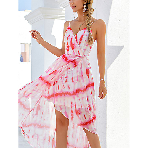 

Women's Strap Dress Midi Dress Red Light Blue Sleeveless Tie Dye Print Fall Summer V Neck Casual Holiday 2021 XS S M L