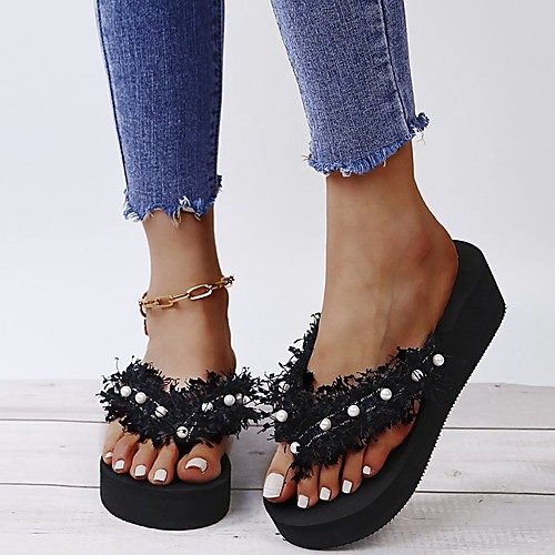 

Women's Sandals Wedge Heel Round Toe Polyester Solid Colored Black Pink Khaki
