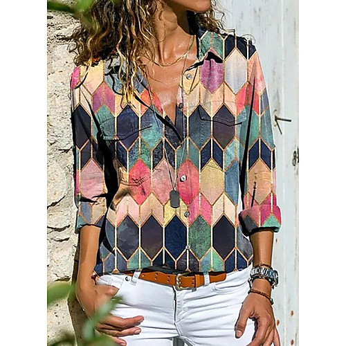 

Women's Geometric Blouse Shirt Color Block Geometric Long Sleeve Button Print Shirt Collar Basic Streetwear Tops Blue Yellow Blushing Pink
