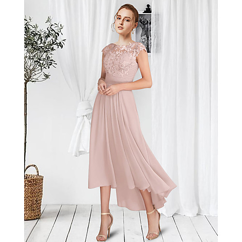 

A-Line Mother of the Bride Dress Elegant Jewel Neck Floor Length Chiffon Lace Sleeveless with Pleats Appliques 2021
