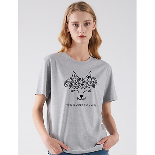 

Women's T shirt Fox Print Round Neck Basic Tops White Fuchsia Light gray
