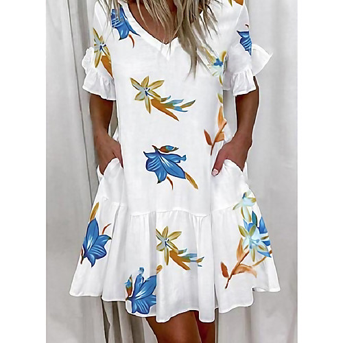 

Women's A Line Dress Short Mini Dress Butterfly Deep coffee Flowers Leaves letter Blushing Pink Green White Red Love Short Sleeve Print Solid Color Letter Smocked Summer V Neck Chic & Modern Casual