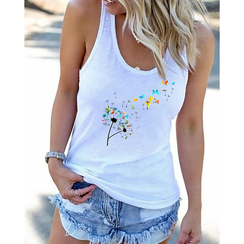 

Women's Floral Theme Butterfly Tank Top Vest Butterfly Dandelion Print U Neck Basic Streetwear Tops White Gray