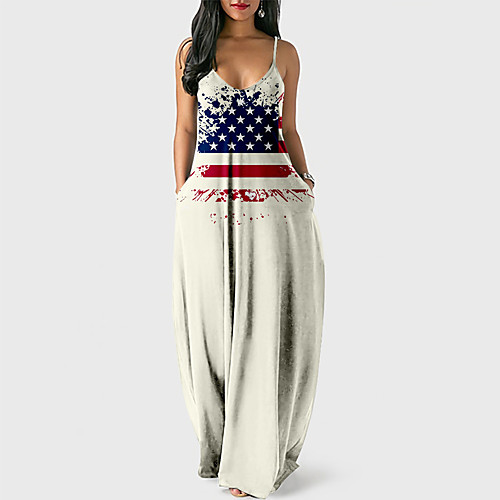 

Women's Strap Dress Maxi long Dress Blue Wine Light Brown Fuchsia Gray Camel Khaki Dusty Blue Royal Blue White Sleeveless Color Block Flag Letter Print Summer V Neck Casual Loose 2021 XS S M L XL XXL