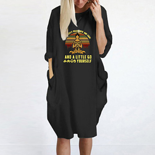 

Women's T Shirt Dress Tee Dress Knee Length Dress Blue Yellow Fuchsia Gray Green White Black Long Sleeve Print Spring Summer Round Neck Casual Oversized 2021 S M L XL XXL 3XL 4XL 5XL