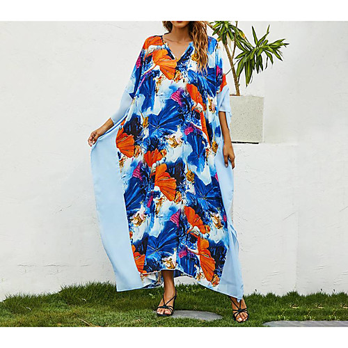

Women's A Line Dress Maxi long Dress Sky Blue Long Sleeve Pattern Summer Casual 2021 One-Size / Cotton / Plus Size / Plus Size / Cotton