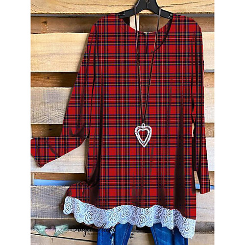 

Women's Plus Size Tops Blouse T shirt Plaid / Check Long Sleeve Round Neck Red Big Size L XL XXL XXXL / Cotton
