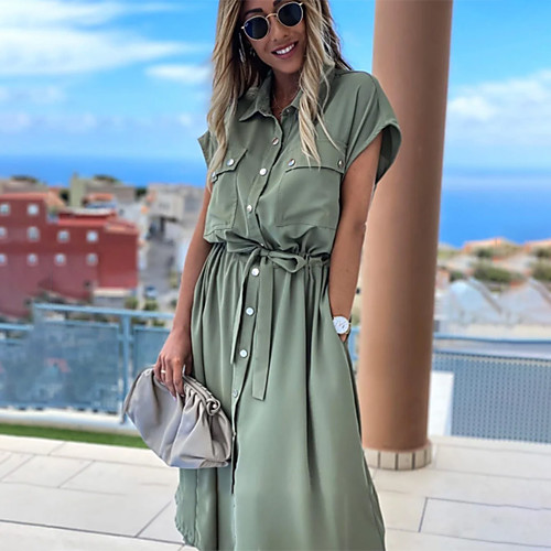 

Women's A Line Dress Midi Dress Blue khaki Green Short Sleeve Solid Color Summer Casual 2021 S M L XL XXL