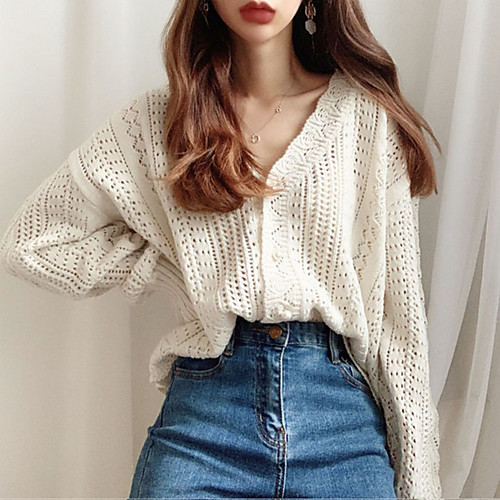 

Women's Solid Color Cardigan Long Sleeve Sweater Cardigans V Neck White Red Green