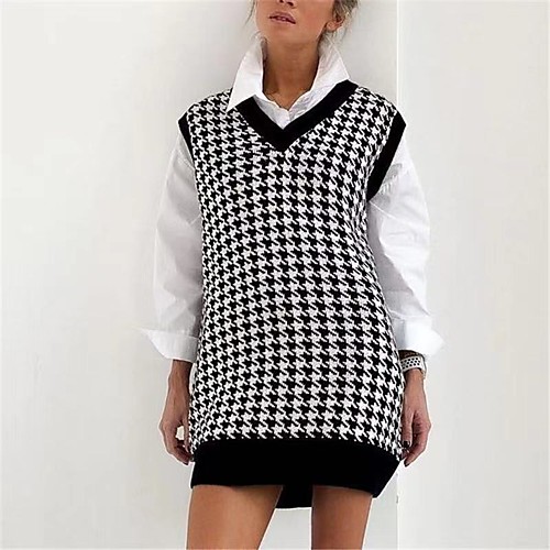 

Women's Plaid / Check Vest Sleeveless Sweater Cardigans V Neck Black