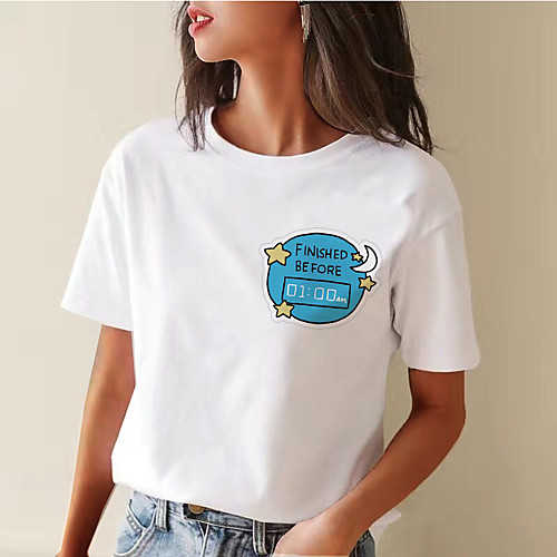 

Women's Painting T shirt Graphic Print Round Neck Basic Tops Cotton Blue Blushing Pink