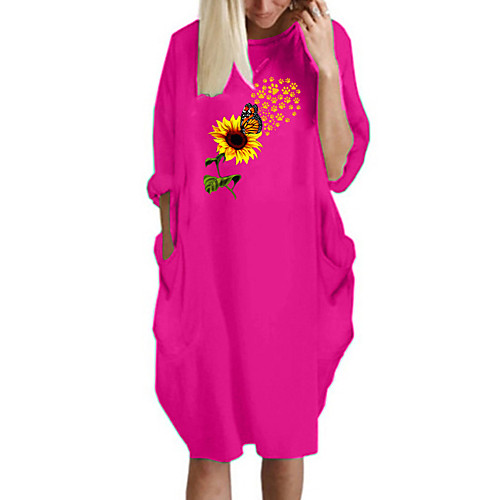 

Women's T Shirt Dress Tee Dress Knee Length Dress Blue Yellow Fuchsia Gray Green White Black Long Sleeve Floral Butterfly Spring Summer Round Neck Casual Oversized 2021 S M L XL XXL 3XL 4XL 5XL