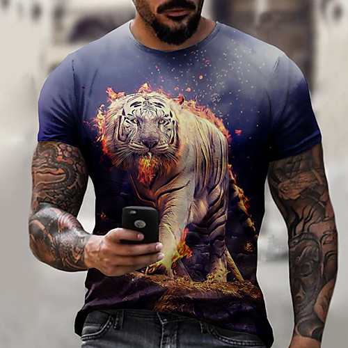 

Men's Tee T shirt Shirt 3D Print Graphic Tiger Plus Size Short Sleeve Casual Tops Basic Designer Slim Fit Big and Tall Blue Gray