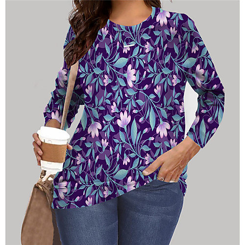 

Women's Plus Size Tops Sweatshirt Floral Graphic Print Long Sleeve Crewneck Basic Purple Big Size XL XXL 3XL 4XL 5XL