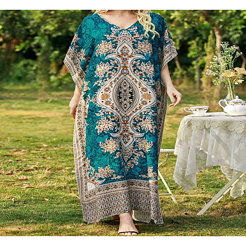 

Women's A Line Dress Maxi long Dress Green Long Sleeve Pattern Summer Casual 2021 One-Size / Cotton / Plus Size / Plus Size / Cotton
