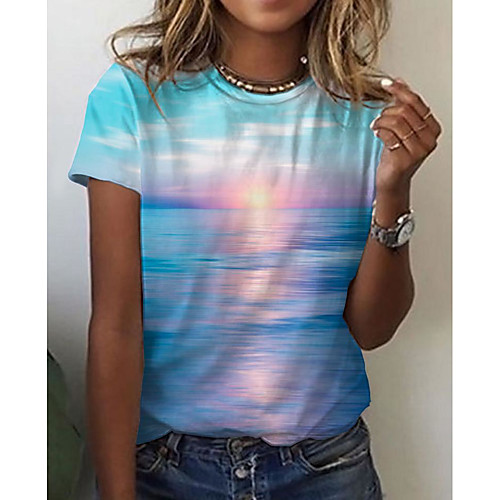 

Women's 3D Printed Painting T shirt Scenery 3D Ocean Print Round Neck Basic Tops Blue