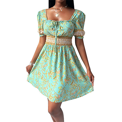 

Women's A Line Dress Knee Length Dress Green Royal Blue Short Sleeve Floral Print Spring Summer Boat Neck Casual Holiday 2021 S M L XL