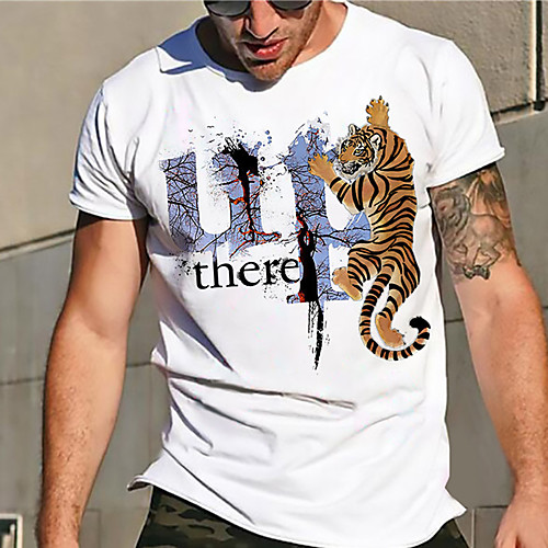 

Men's Unisex Tee T shirt Hot Stamping Graphic Prints Tiger Plus Size Print Short Sleeve Casual Tops Basic Designer Big and Tall White