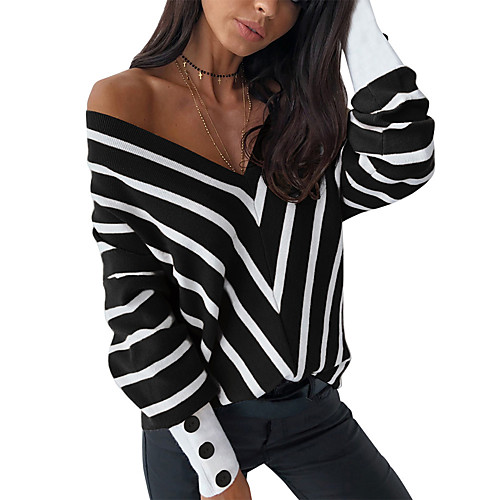 

Women's Stripes Sweater Long Sleeve Sweater Cardigans V Neck White Black Apricot