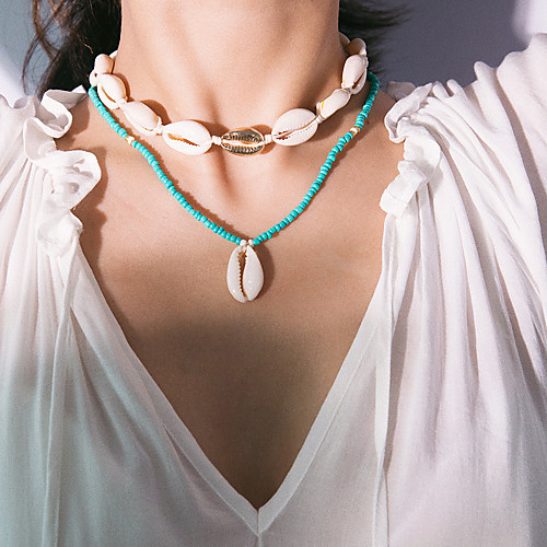 

Women's Beaded Necklace Layered Necklace Double Layered Shell Fashion Boho Resin Shell Blue 45 cm Necklace Jewelry 1pc For Beach