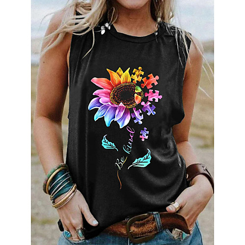 

Women's Floral Theme Tank Top Floral Sunflower Print Round Neck Basic Streetwear Tops Black