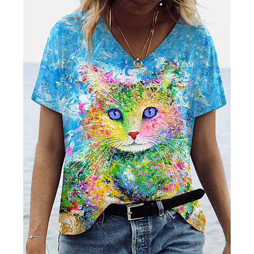 

Women's 3D Cat Painting T shirt Cat 3D Animal Print V Neck Basic Tops Blue