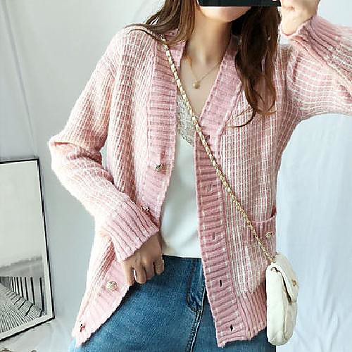 

Women's Plaid / Check Sweater Long Sleeve Sweater Cardigans V Neck Creamy-white Blushing Pink Black