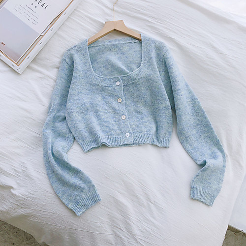 

Women's Solid Color Cardigan Long Sleeve Sweater Cardigans Round Neck Light Blue Peach powder Oatmeal