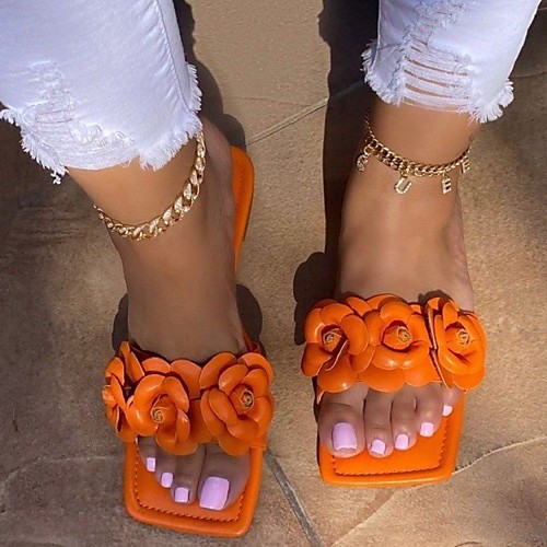 

Women's Sandals Outdoor Slippers Flat Heel Round Toe Rubber PU Color Block Light Red Orange