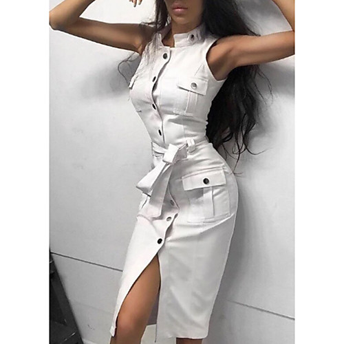 

Women's Shirt Dress Knee Length Dress White Black Sleeveless Solid Color Fall Summer Round Neck Elegant Casual 2021 S M L XL XXL / Cotton / Cotton