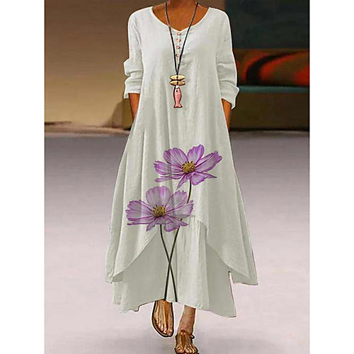 

Women's Swing Dress Maxi long Dress Blue Purple Long Sleeve Floral Print Pocket Patchwork Print Spring Summer Round Neck Casual / Daily 2021 S M L XL XXL XXXL 4XL 5XL