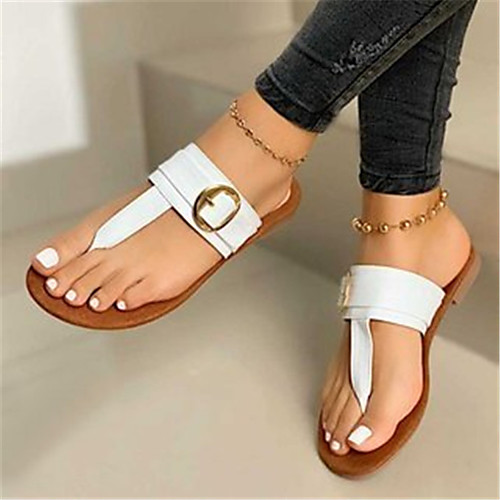 

Women's Sandals Boho Bohemia Beach Flat Heel Round Toe PU Buckle Solid Colored White Black Champagne