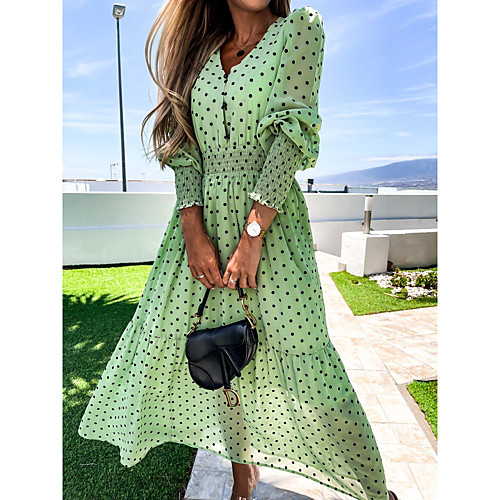 

Women's Swing Dress Maxi long Dress Light Green Long Sleeve Dot Spring Summer Casual 2021 S M L XL