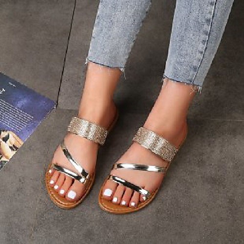 

Women's Sandals Flat Heel Round Toe PU Solid Colored Gold Silver