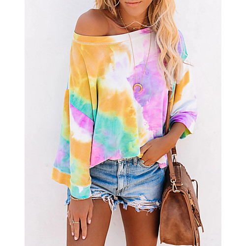 

Women's Painting T shirt Tie Dye Long Sleeve Print Round Neck Basic Tops Blue Yellow Gray