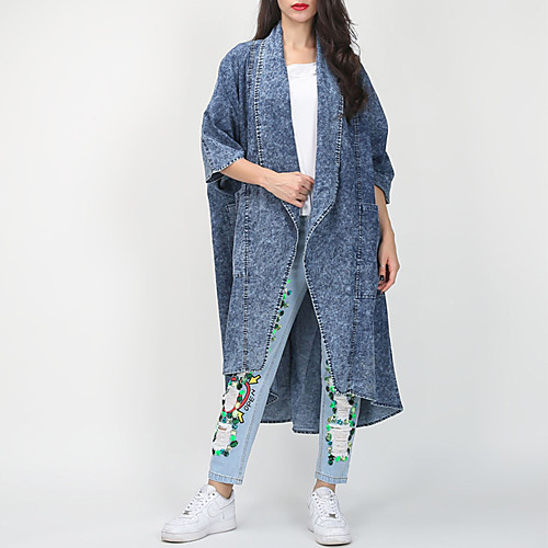

Women's Coat Daily Wear Spring & Fall Long Coat V Neck Standard Fit Casual Jacket Solid Color Modern Style Blue