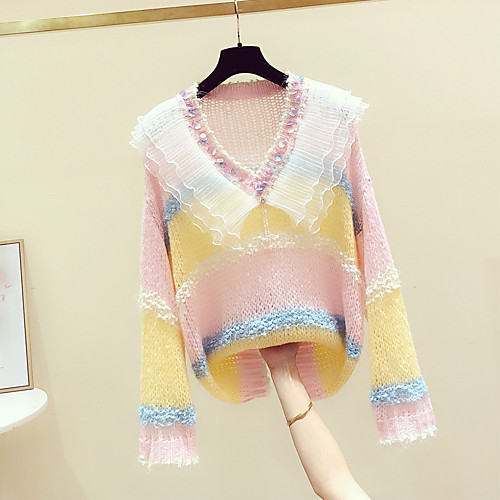 

Women's Multi Color Stripes Pullover Cotton Long Sleeve Sweater Cardigans Round Neck Blushing Pink Green