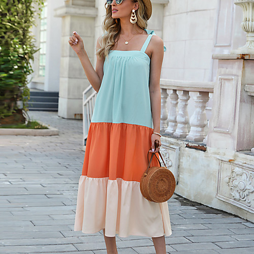 

Women's Loose Maxi long Dress Photo Color Original, independent real shots, stealing pictures must be Sleeveless Stripes Spring Summer Casual / Daily Loose 2021 S M L XL