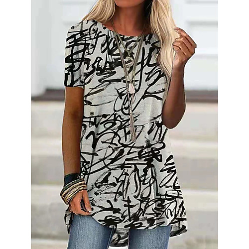 

Women's Floral Theme Abstract Painting T shirt Graphic Leaf Graffiti Print Round Neck Basic Tops Blue Black Green