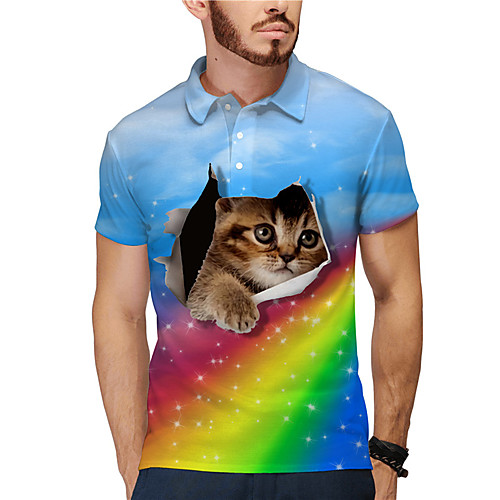 

Men's Golf Shirt Tennis Shirt 3D Print Rainbow Cat Animal Button-Down Short Sleeve Street Tops Casual Fashion Cool Blue / Sports