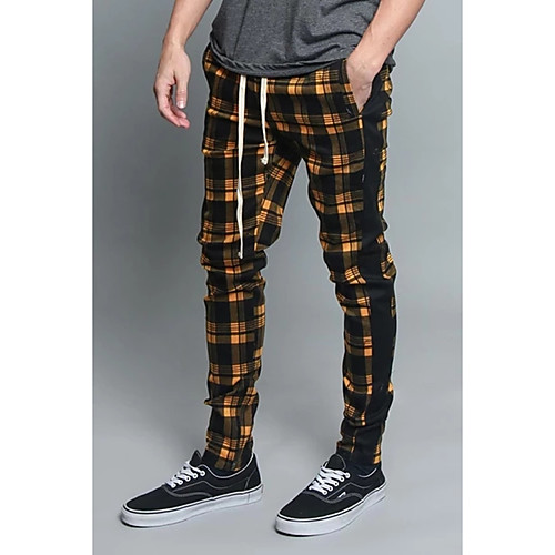 

Men's Casual / Sporty Chino Sports Casual Daily Pants Chinos Pants Grid / Plaid Full Length Classic Red Yellow Black