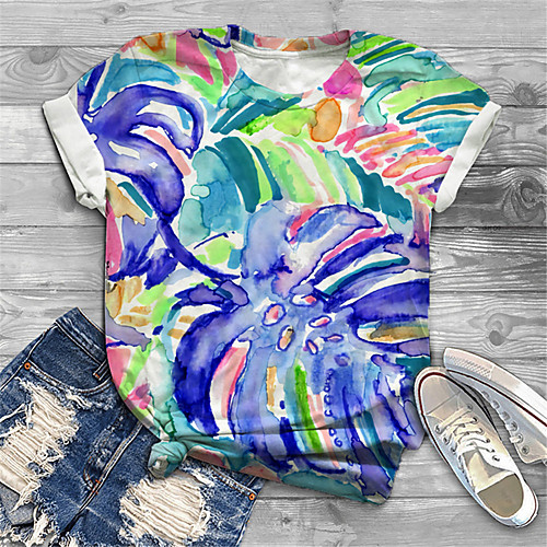 

Women's Plus Size Tops T shirt Graphic Leaf Print Short Sleeve Crewneck Basic Purple Big Size XL XXL 3XL 4XL 5XL / Holiday