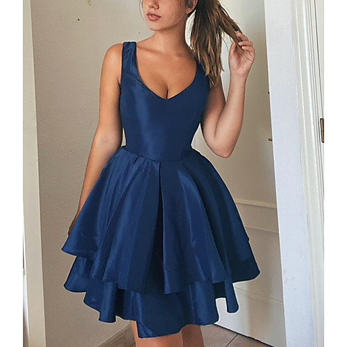 

A-Line Reformation Amante Minimalist Engagement Cocktail Party Dress V Neck Sleeveless Short / Mini Satin with Sleek 2021
